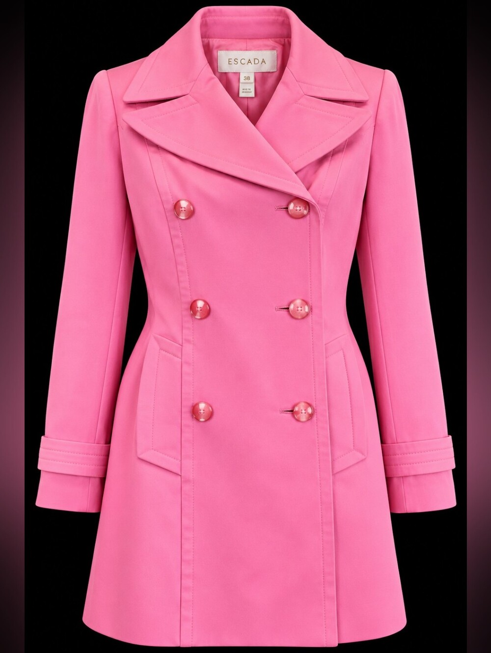 Vintage 80s ESCADA Hot Pink Double-Breasted Statement Trench Coat Size 38